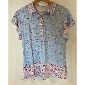 Acegolfs Polo Golf Shirt Flutter Sleeves Blue Pink Green Confetti XL